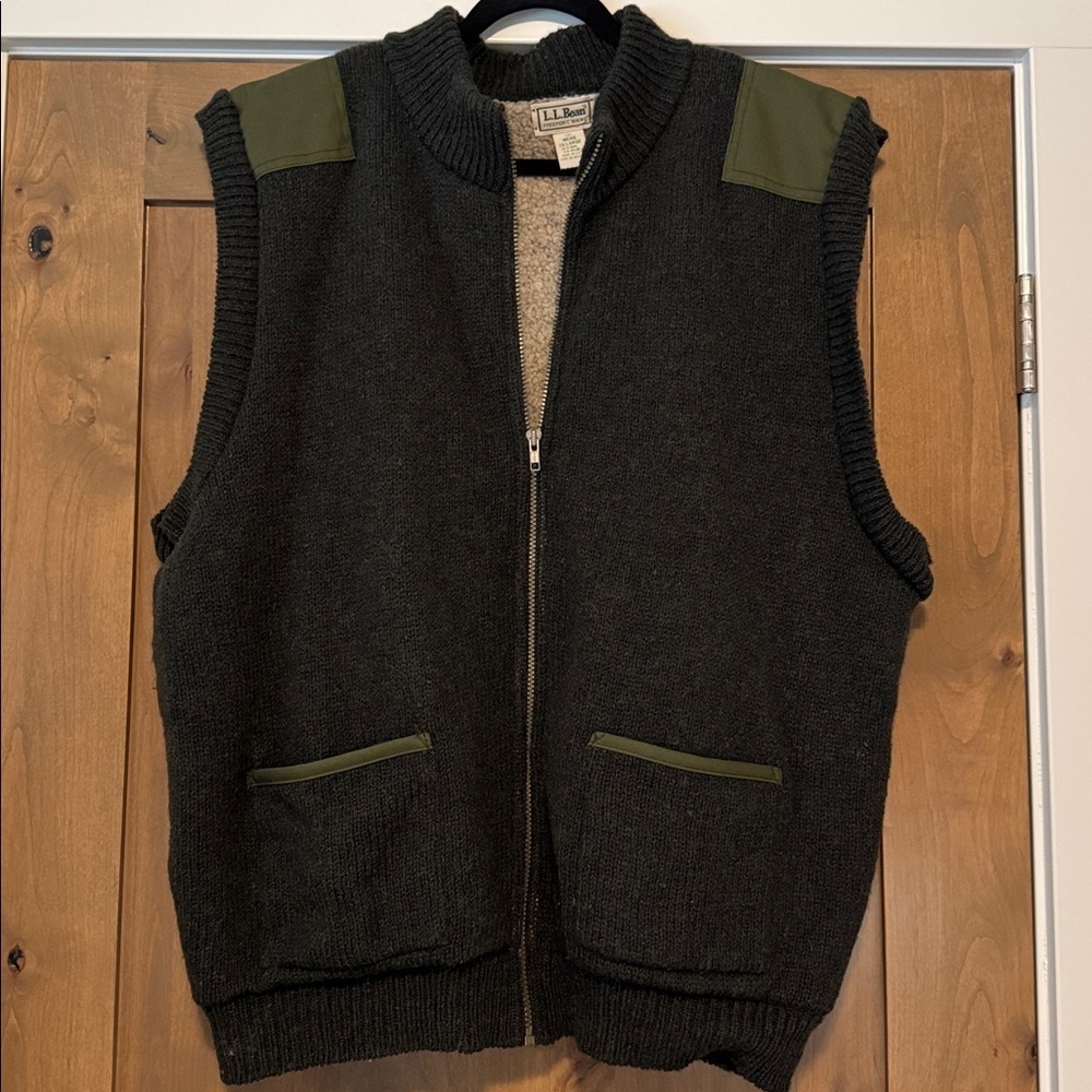 L.L.BEAN Mens 2XL Wool Sherpa Lined Green Sweater Vest outdoors warm winter